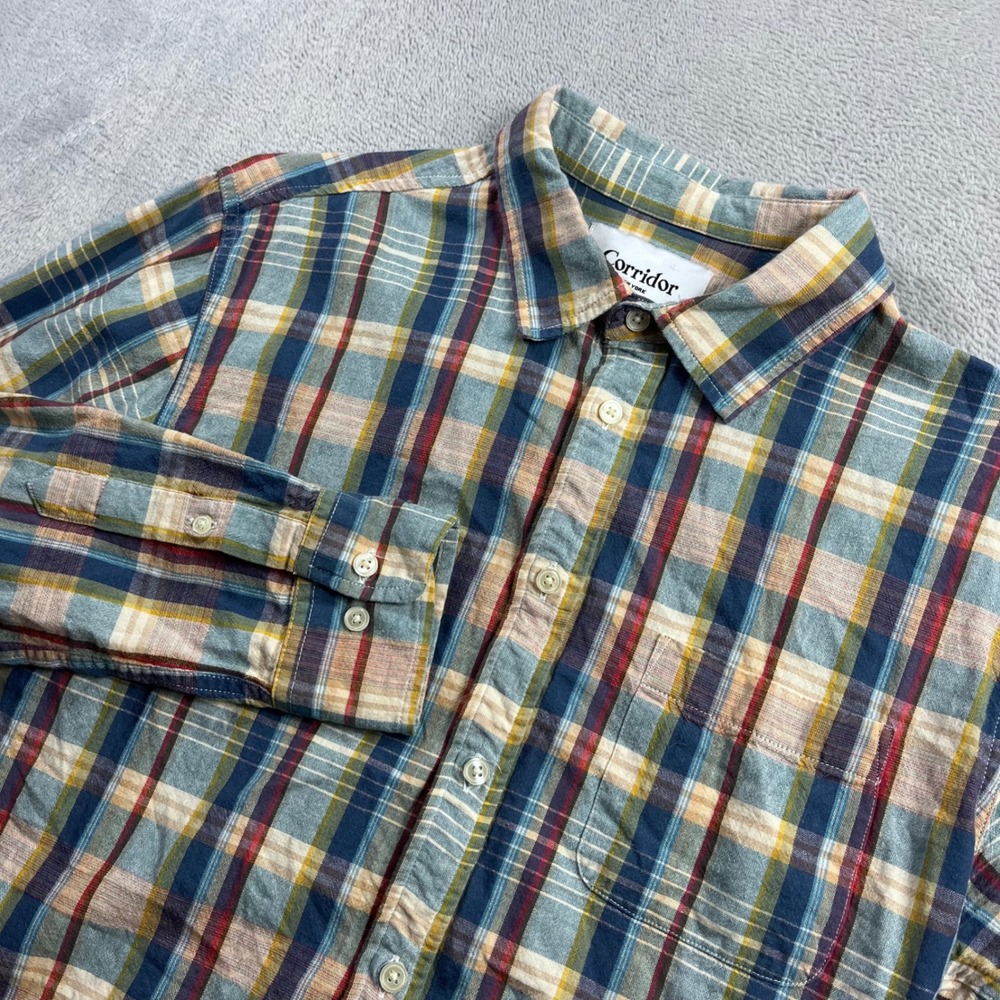 Corridor New York Mens Plaid Button Down Shirt Blue Yellow Cotton SS20 Size M